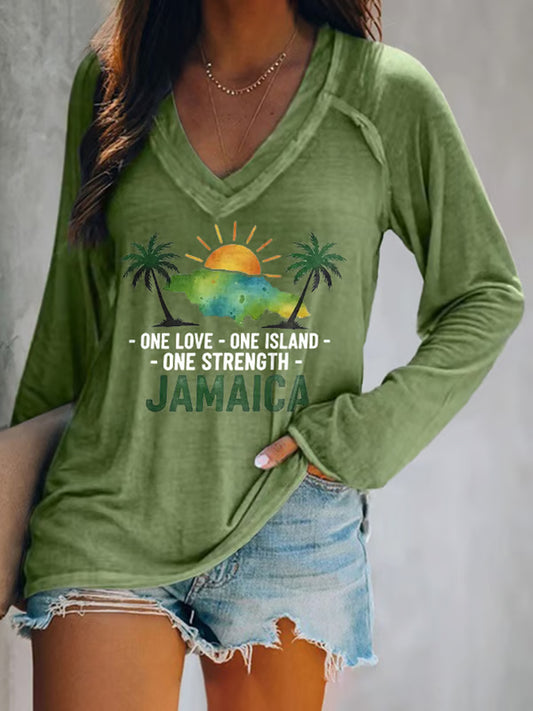 Retro Jamaica Strong One Love One Island One Strength Camiseta con cuello en V para mujer