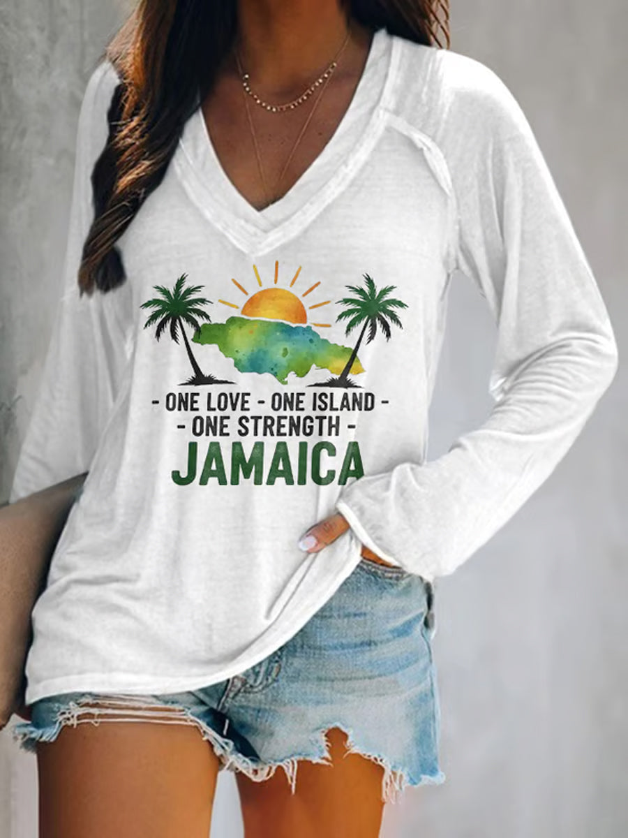 Retro Jamaica Strong One Love One Island One Strength Camiseta con cuello en V para mujer