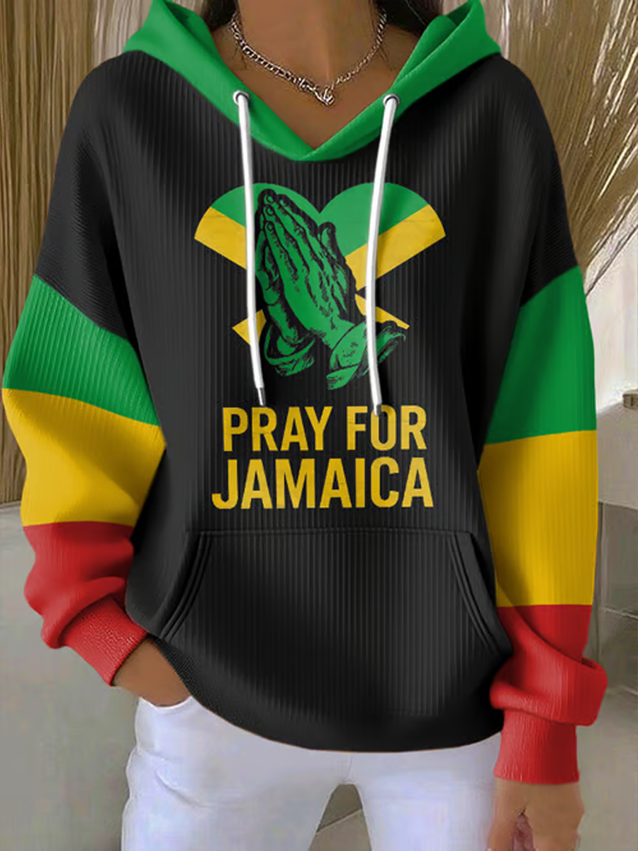 Las mujeres Retro Pray For Jamaica Strong Cross Reggae Rojo, Verde, Y Oro Imprimir Con Capucha