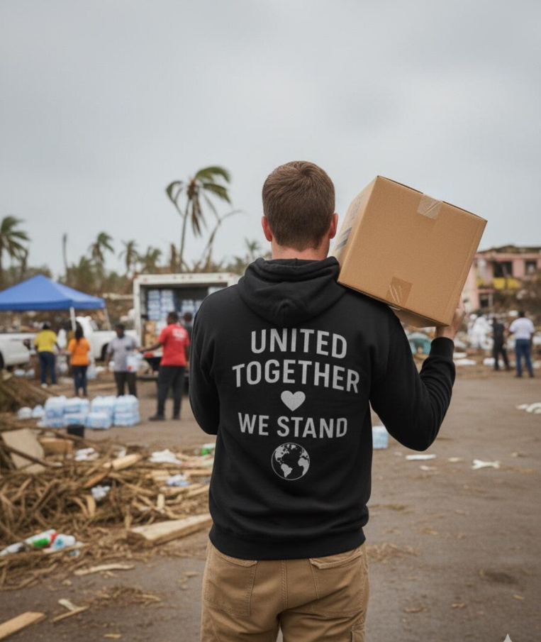 Hombres de pie con todas las víctimas del huracán Melissa Unidos juntos estamos con capucha