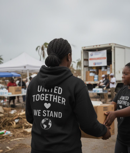 Hombres de pie con todas las víctimas del huracán Melissa Unidos juntos estamos con capucha