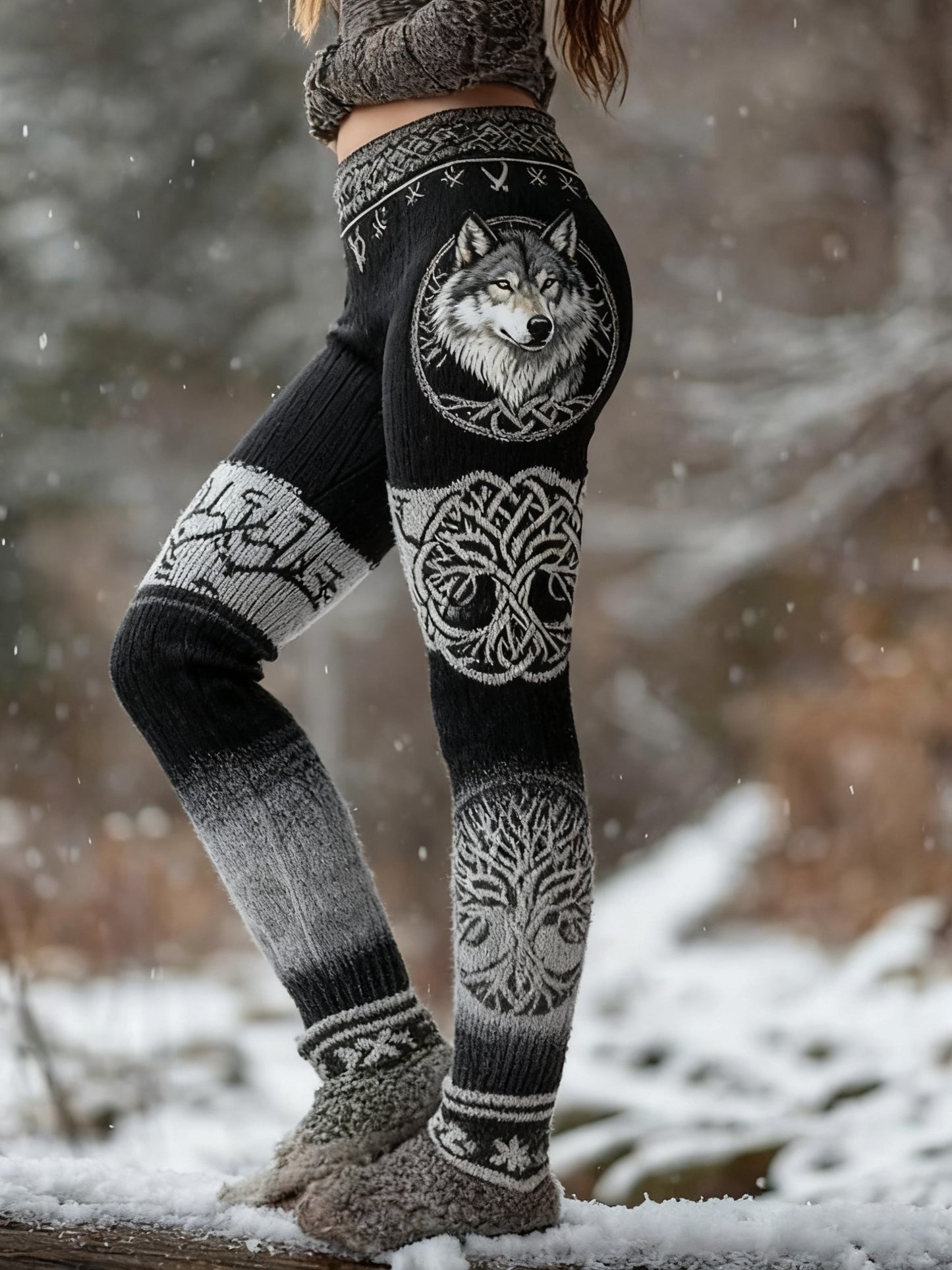 Mujeres retro vikingo lobo celta nudo árbol de la vida patchwork deportes estiramiento polainas