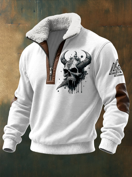 Hombres de Viking Skull Impreso Manga larga Stand Up Collar Lambhair Zipper Top
