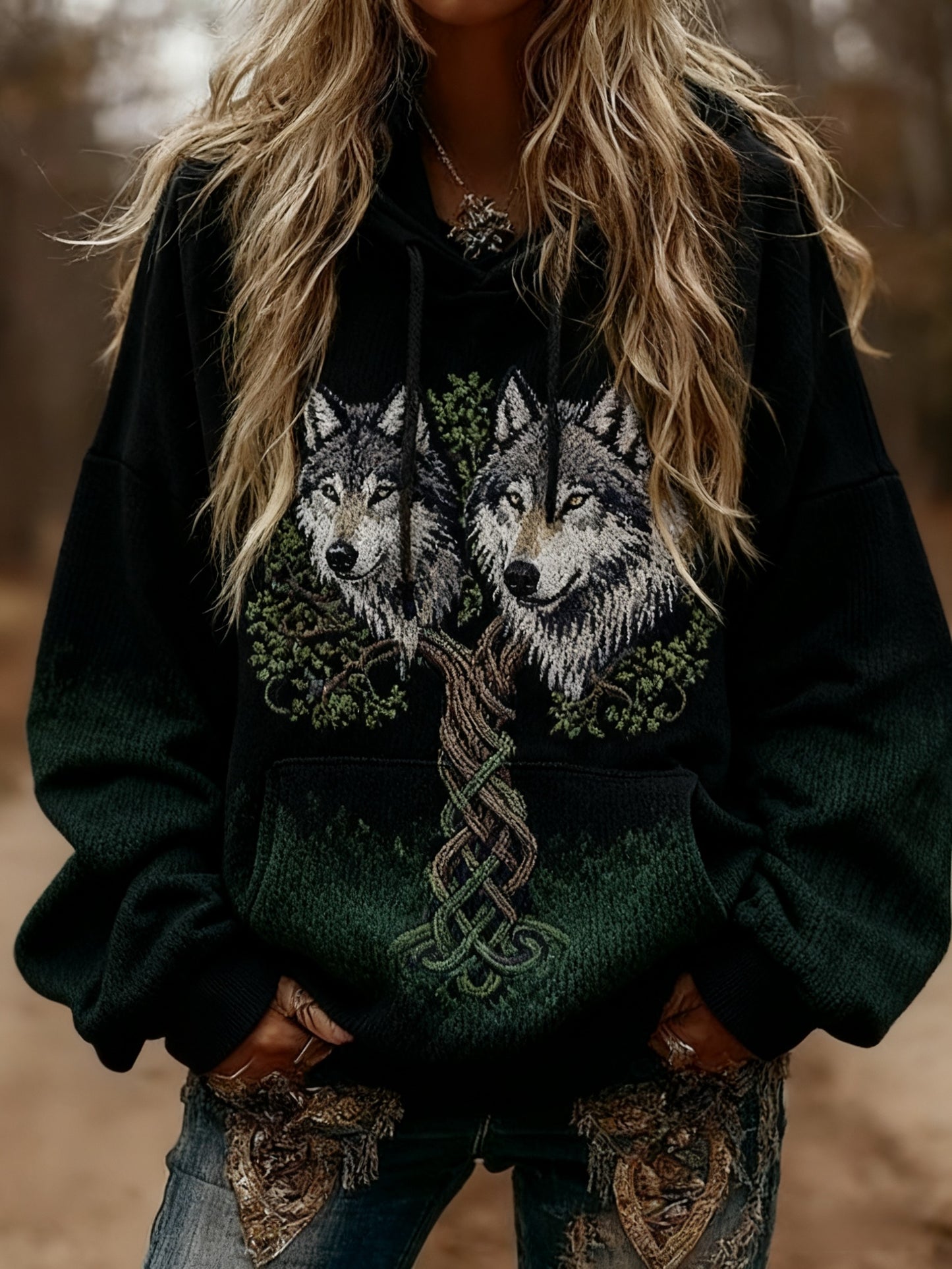 Mujer Viking Wolf Celtic Knot Tree Of Life Gradient Print Suéter con capucha de manga larga