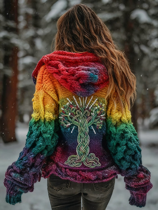Viking Tree Of Life Pattern Gradient Multicolor Cardigan Chaqueta de punto para mujer