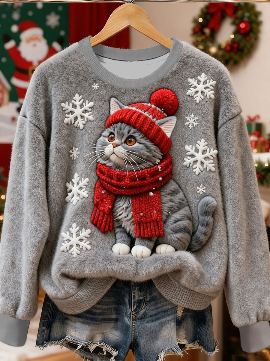 Sudadera de franela casual con estampado de arte de gato lindo de Navidad para mujer