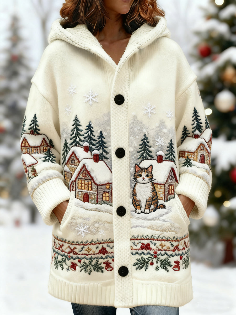 Mujer vintage navidad lindo gato nieve escena imprimir casual mid-length cardigan con capucha