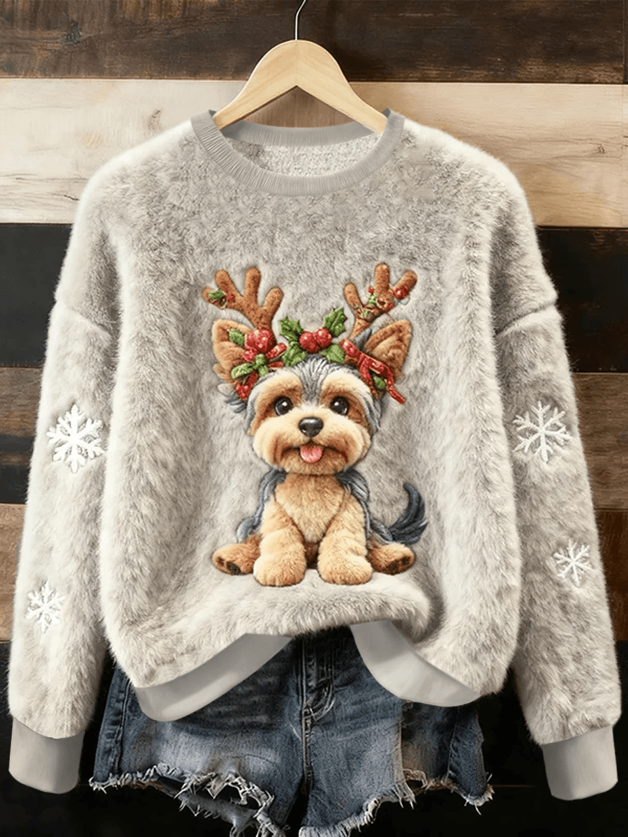 Suéter de franela casual con estampado de arte de perro de Navidad lindo para mujer