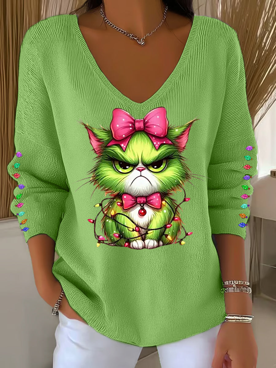 Top de manga larga casual con estampado Cta Grinch de Navidad para mujer