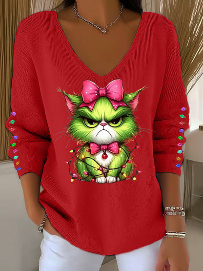 Top de manga larga casual con estampado Cta Grinch de Navidad para mujer