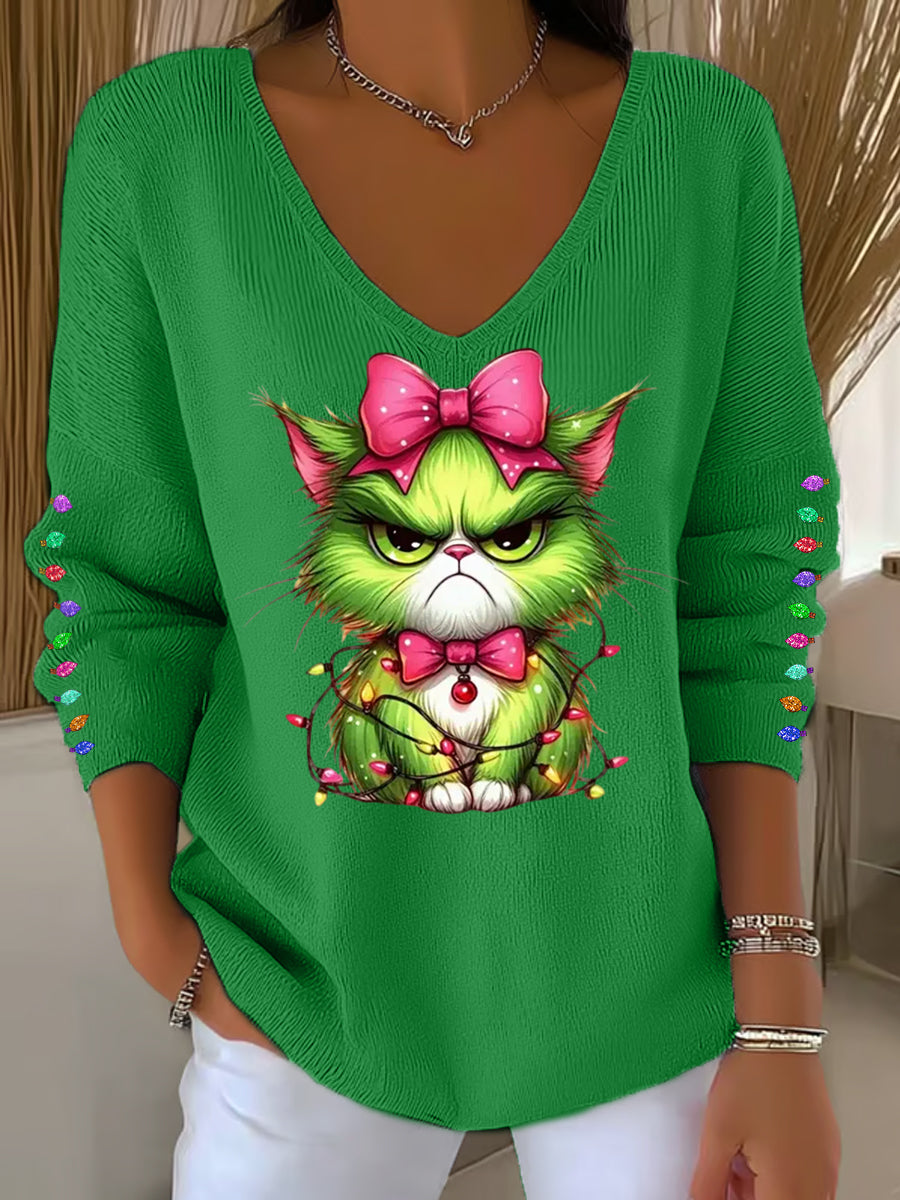 Top de manga larga casual con estampado Cta Grinch de Navidad para mujer