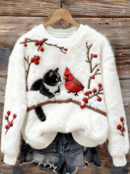 Sudadera de franela de arte de gato lindo de Navidad para mujer