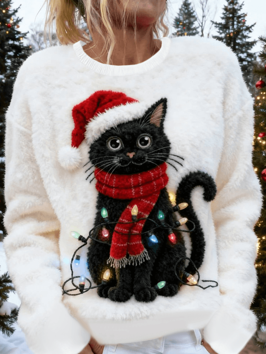 Suéter de franela casual con estampado de arte lindo gato de Navidad para mujer