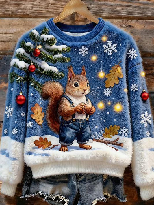 Top casual de franela con estampado de arte navideño de animales retro para mujer