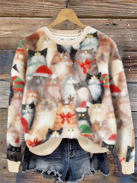 Sudadera con capucha de franela de arte de gatos de Navidad para mujer