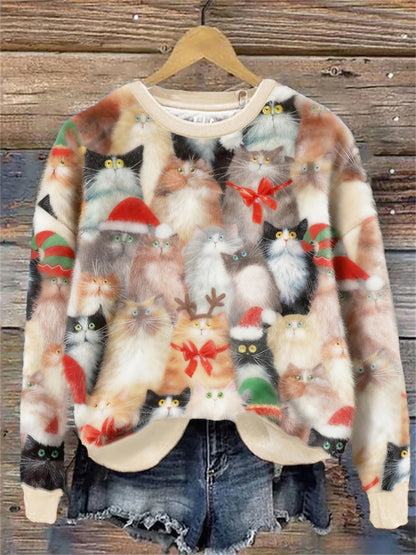 Sudadera con capucha de franela de arte de gatos de Navidad para mujer