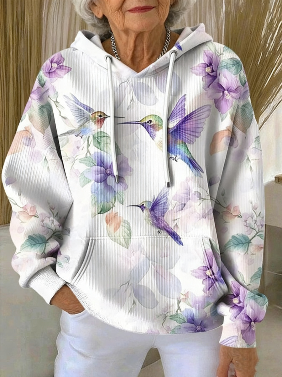 Mujer Casual Purple Hummingbird Textured Hoodie