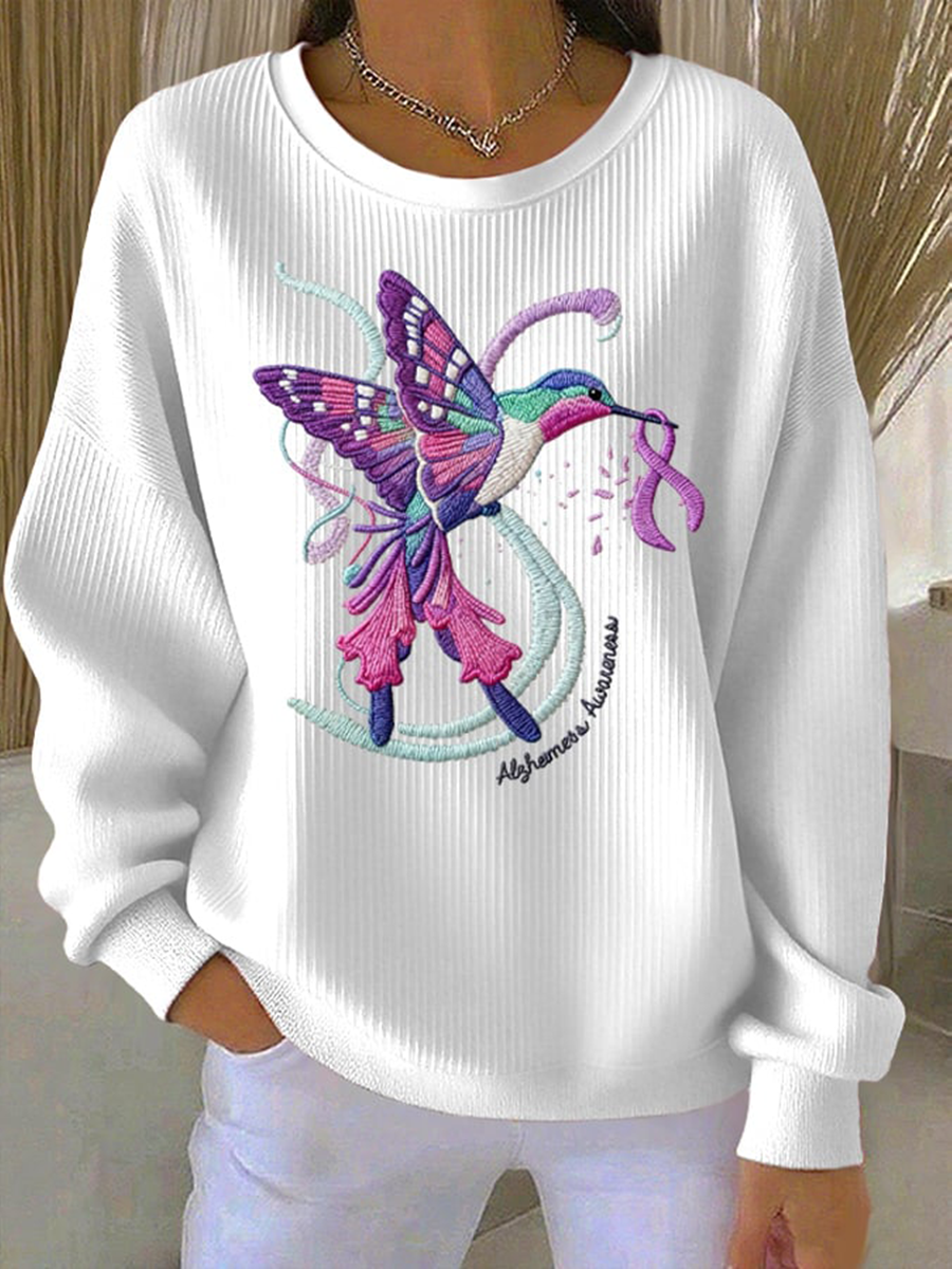 Sudadera texturada de Alzheimer de colibrí púrpura retro ocasional de las mujeres