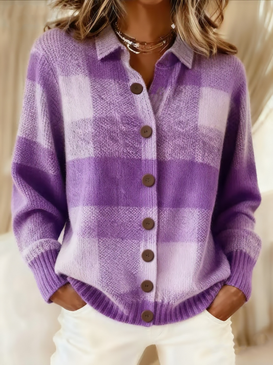 Purple Art Knit Lapel Button Cardigan de punto para mujer