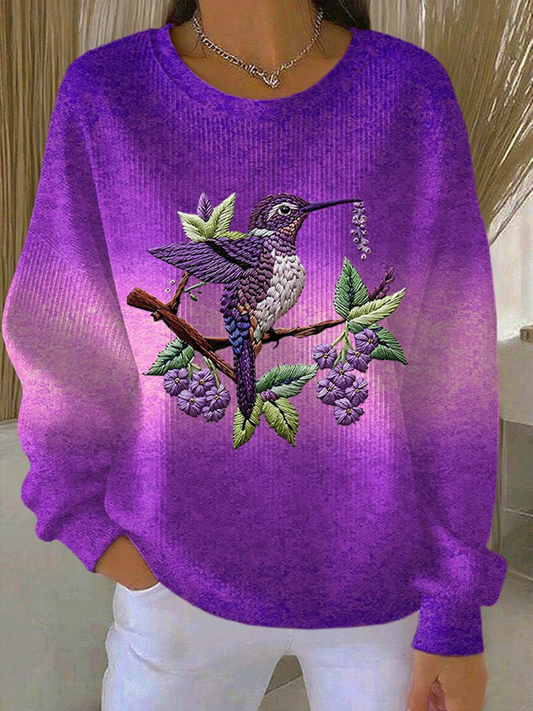 Sudadera casual con estampado floral de hummingbird degradado púrpura para mujer