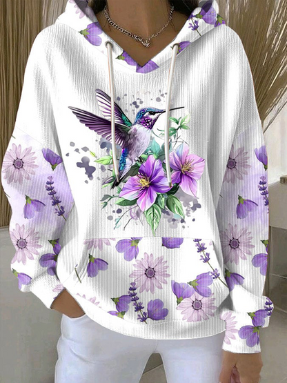 Mujer Casual Purple Hummingbird Textured Hoodie