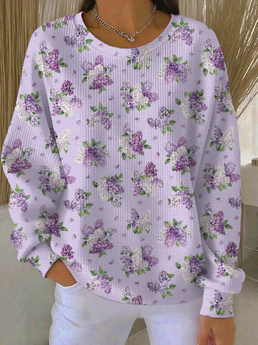 Sudadera con cuello redondo acanalado de textura floral púrpura casual para mujer