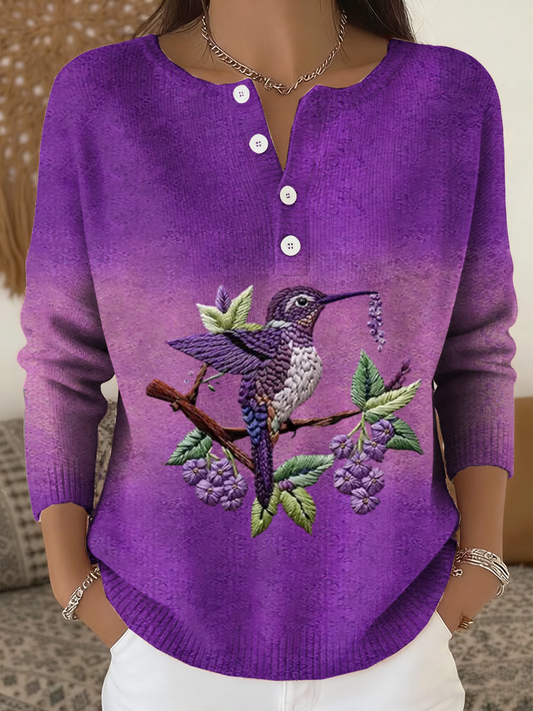 Purple Gradient Hummingbird Floral Print Cardigan de manga larga para mujer