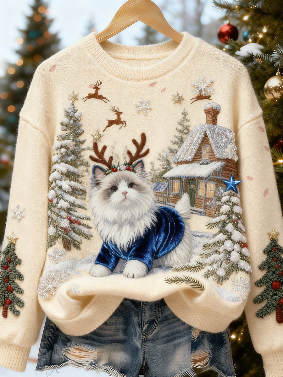Top casual de franela con estampado de arte navideño de animales retro para mujer
