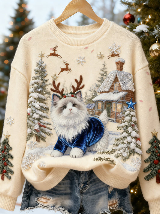 Top casual de franela con estampado de arte navideño de animales retro para mujer