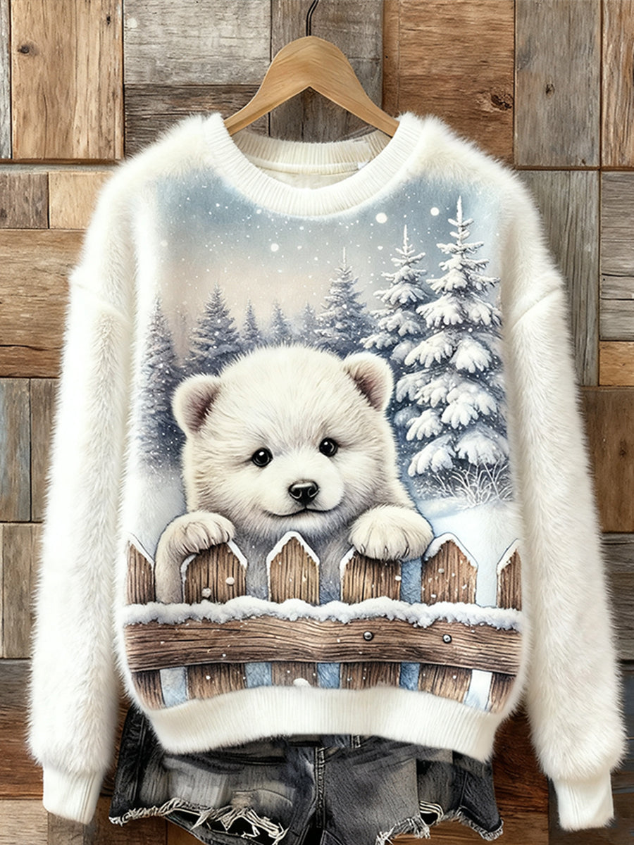 Top casual de franela con estampado de arte navideño de animales retro para mujer