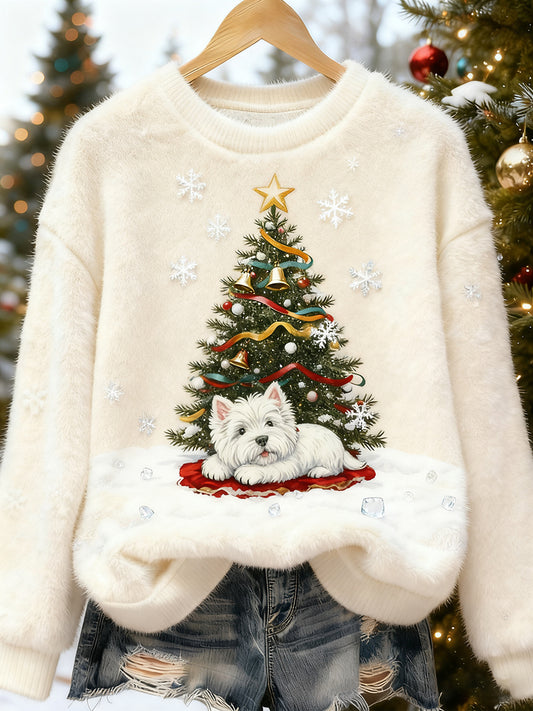 Top casual de franela con estampado de arte navideño de animales retro para mujer