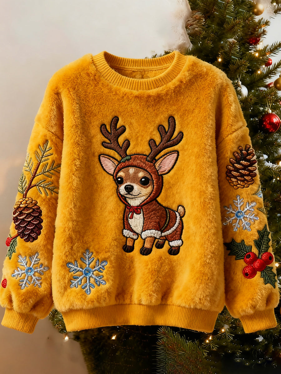 Top casual de franela con estampado de arte navideño de animales retro para mujer