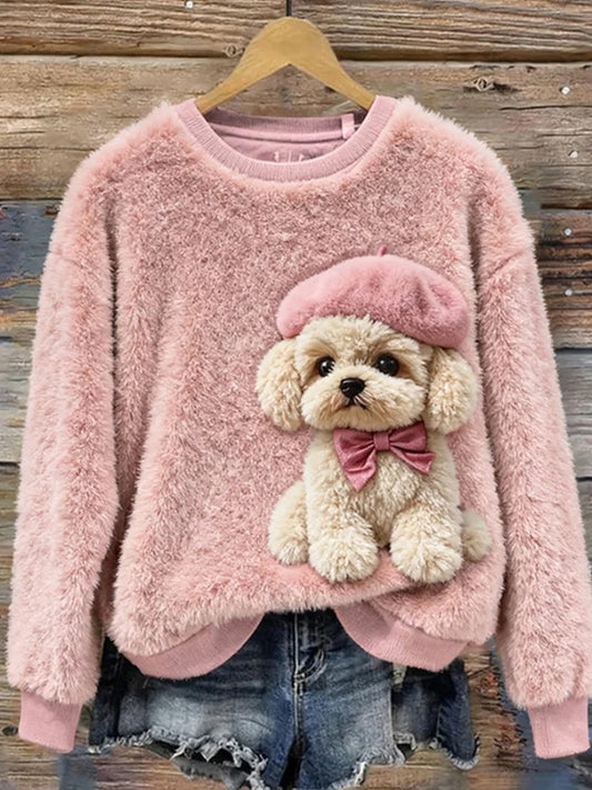 Top casual de franela con estampado de arte navideño de animales retro para mujer