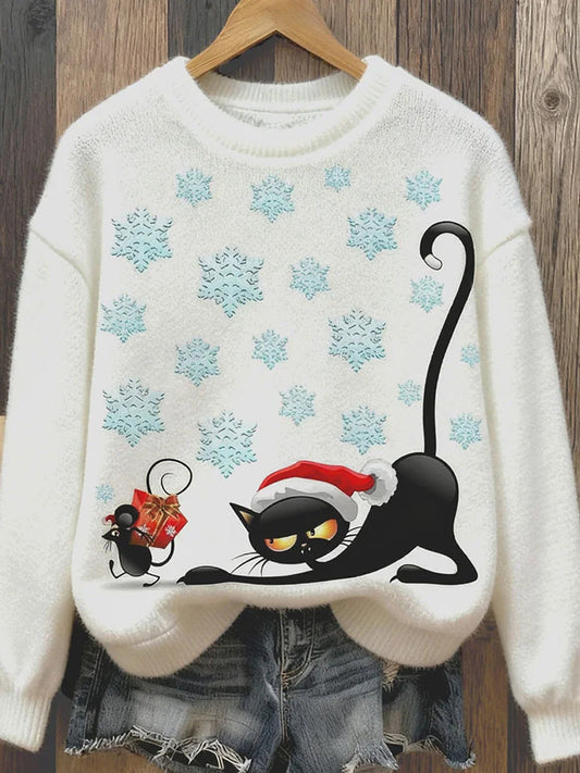Top casual de franela con estampado de arte navideño de animales retro para mujer