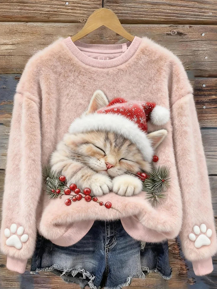 Top casual de franela con estampado de arte navideño de animales retro para mujer
