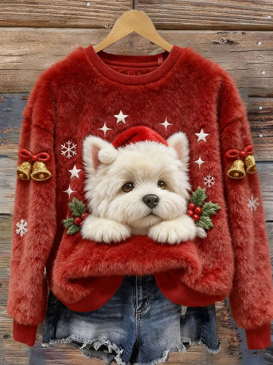 Top casual de franela con estampado de arte navideño de animales retro para mujer
