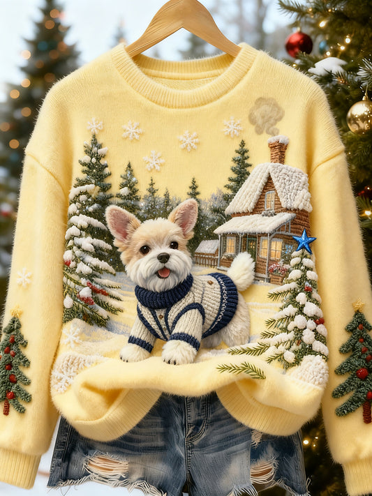 Top casual de franela con estampado de arte navideño de animales retro para mujer