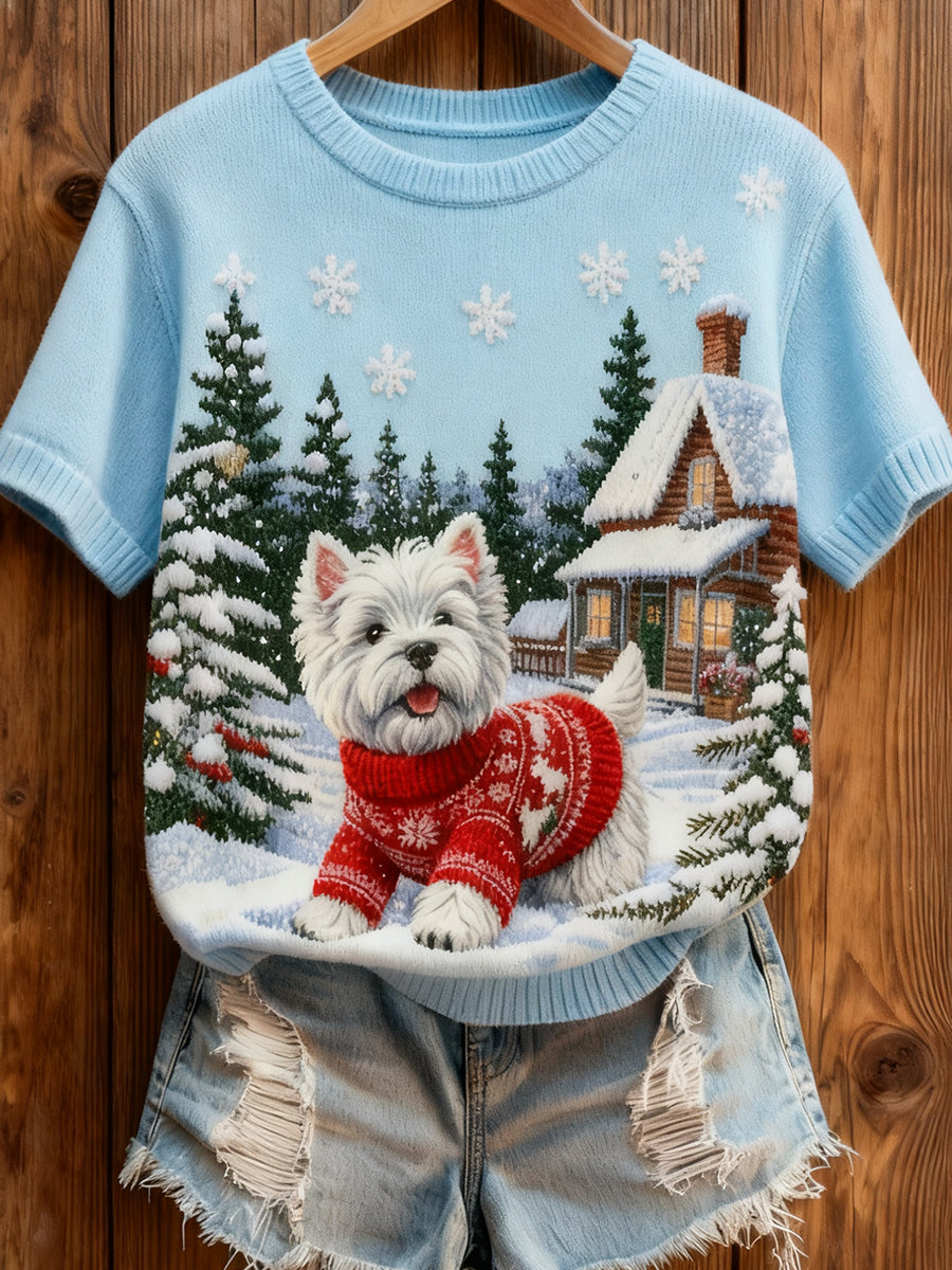 De las mujeres de la Navidad Retro Animal Art Print cómodo de punto de manga corta Top