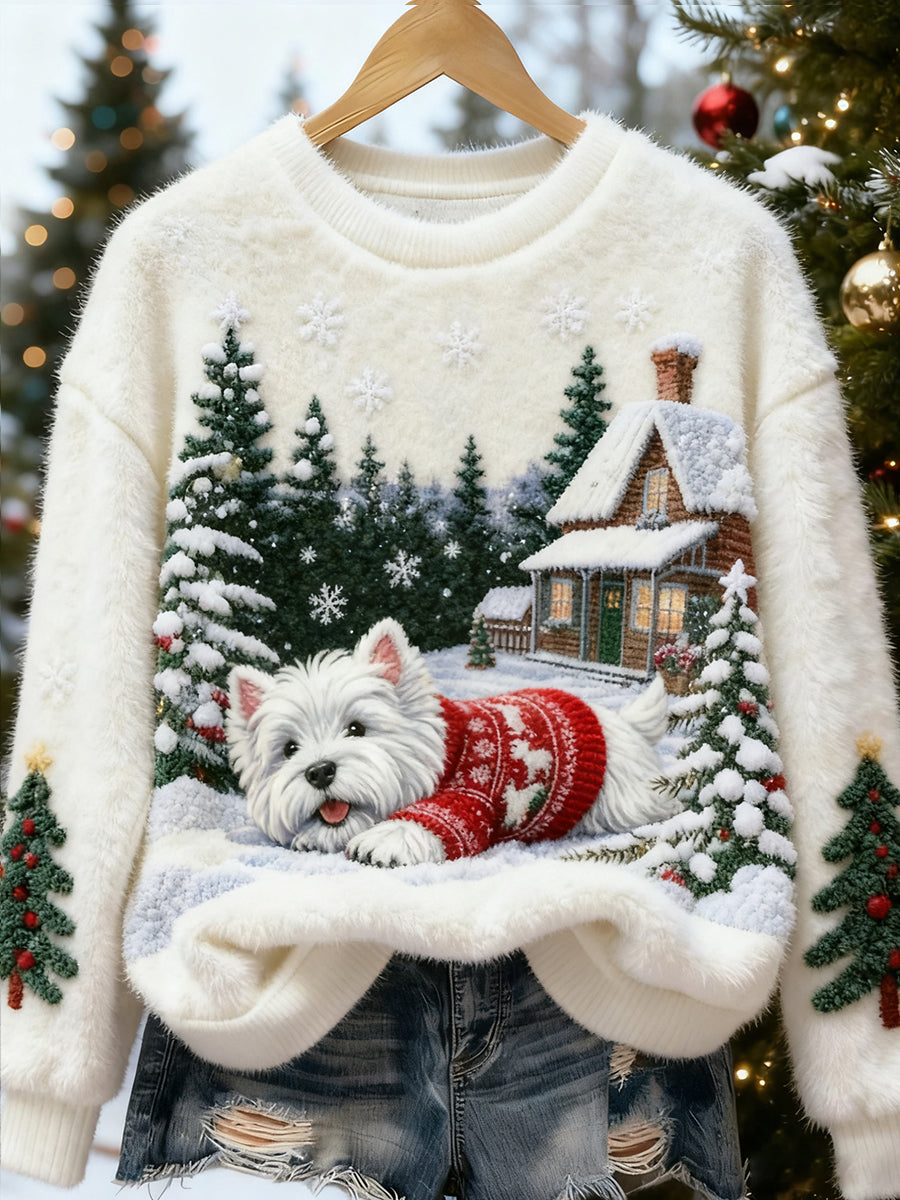 Top casual de franela con estampado de arte navideño de animales retro para mujer