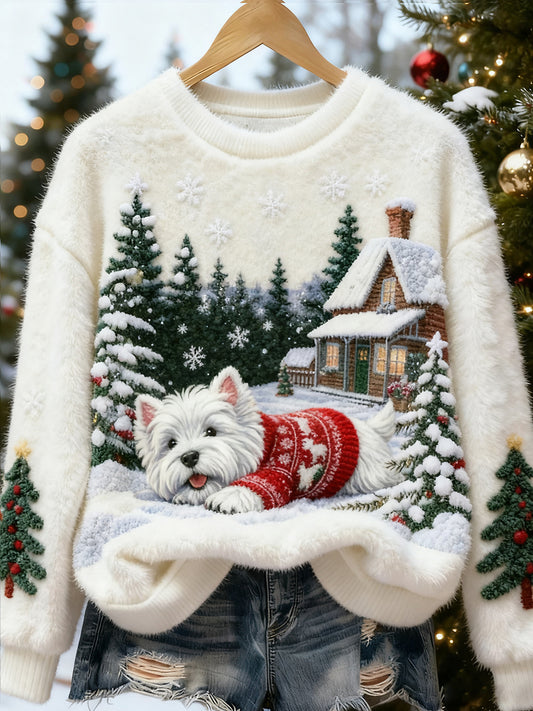 Top casual de franela con estampado de arte navideño de animales retro para mujer