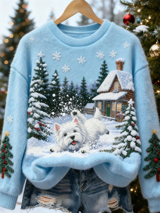 Top casual de franela con estampado de arte navideño de animales retro para mujer