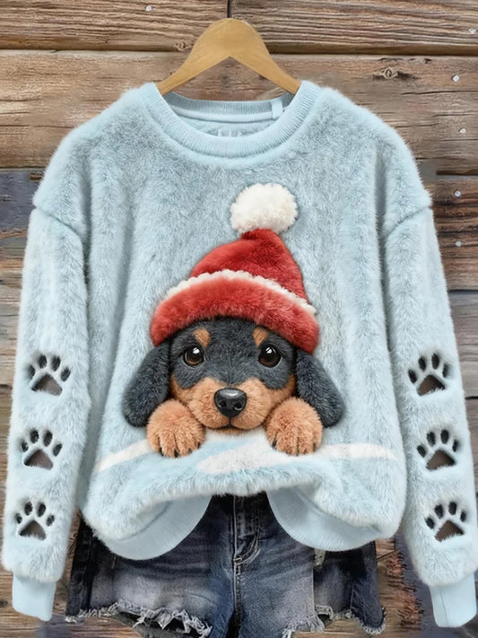Top casual de franela con estampado de arte navideño de animales retro para mujer