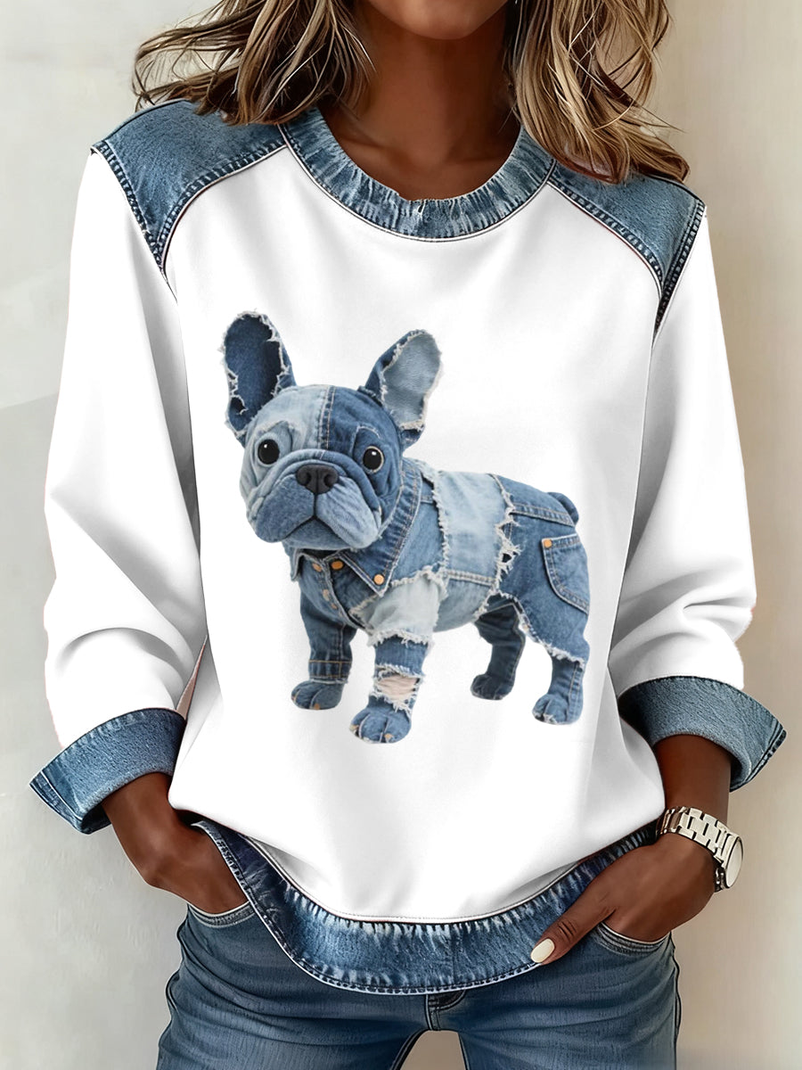 Mujer Denim Patchwork Art French Bulldog Patrón Sudadera
