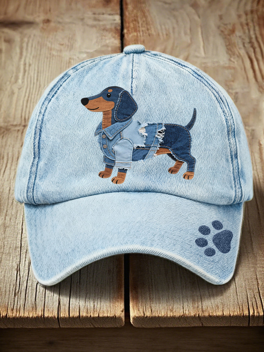 Unisex Denim Patchwork Art Dachshund Perro Patrón Lavado Sombrero