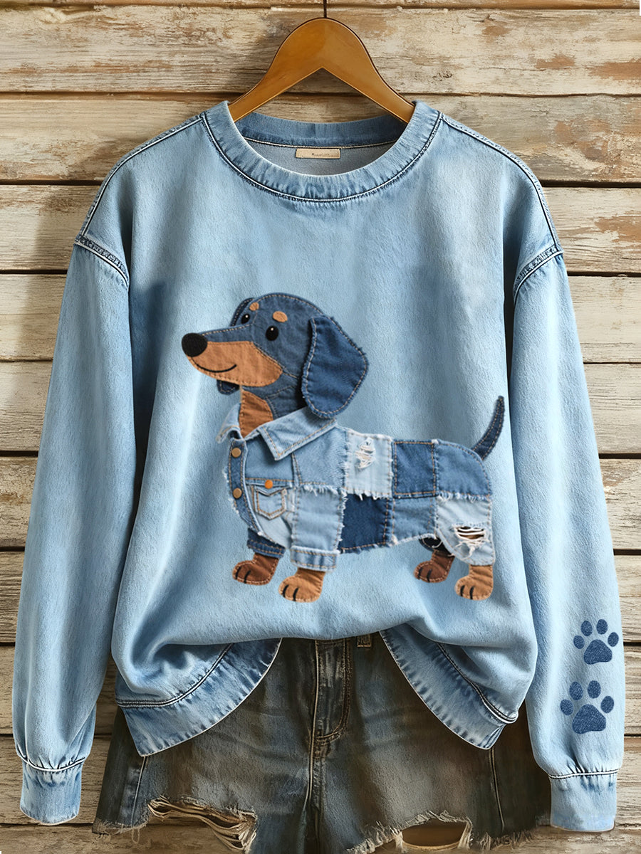Mujer Denim Patchwork Art Dachshund Perro Patrón Sudadera