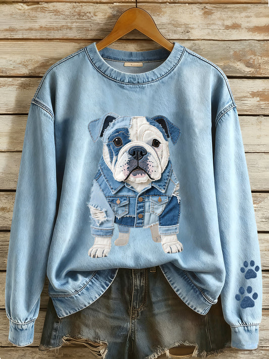 Mujer Denim Patchwork Art French Bulldog Patrón Sudadera