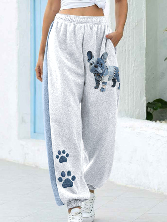 Denim Patchwork Art French Bulldog Pattern Pantalones de mujer