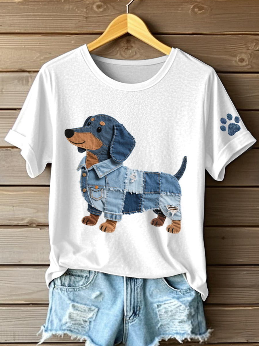 Denim Patchwork Art Dachshund Pattern para mujer