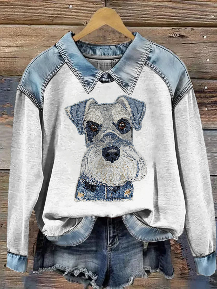 Mujer Cowboy Collage Animal Impreso Denim Patchwork Solapa Sudadera de manga larga