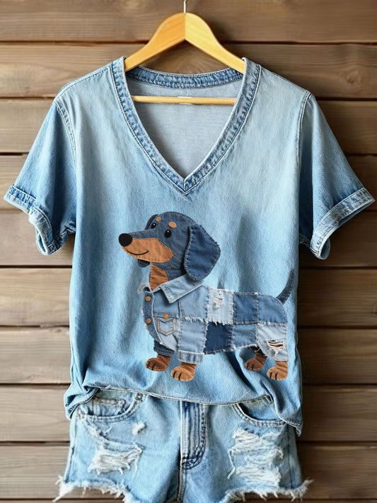 Mujer Denim Patchwork Art Dachshund Patrón V-cuello camiseta
